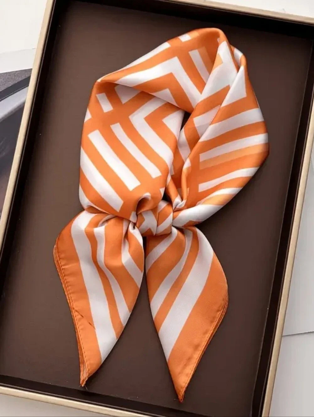 Silk-Feel Orange and White Striped Neck Scarf Head Scarf